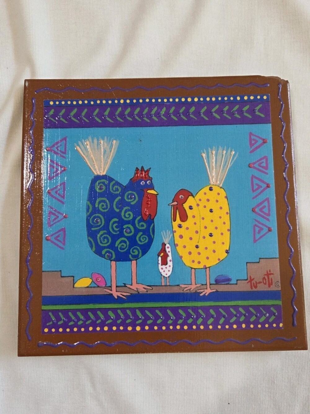 Tu-Oti Decorative Tile Chickens Handcrafted Southwestern Art 2003